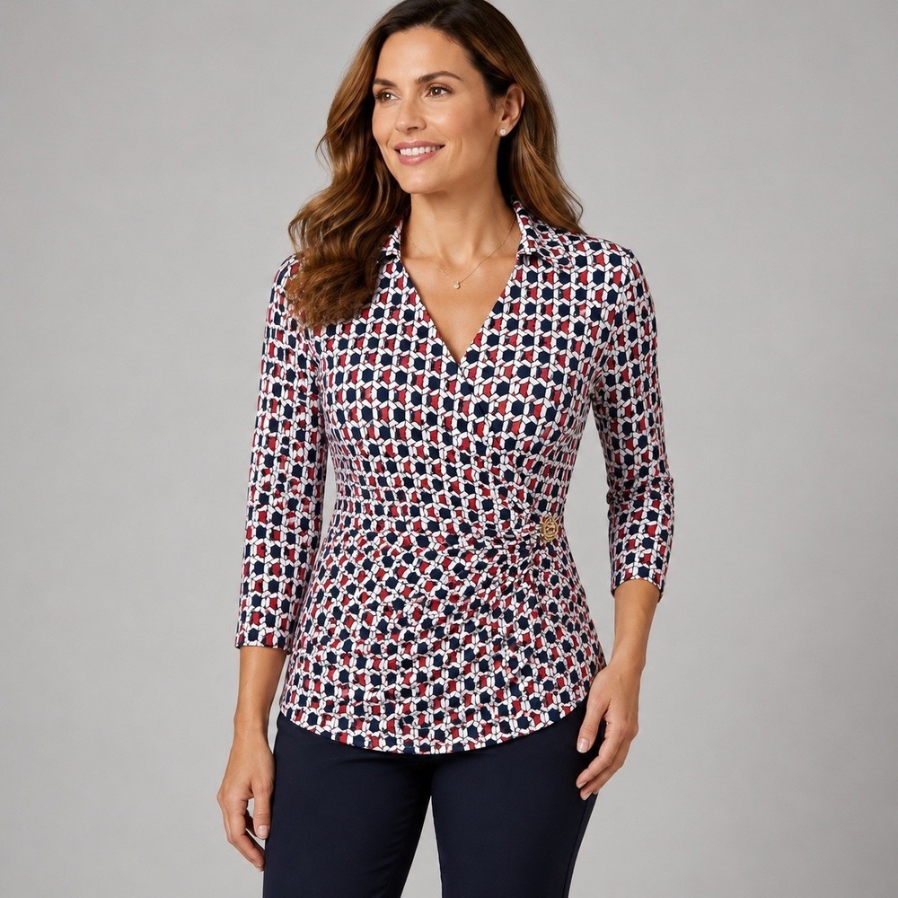 Boston Proper Womens Medium Red Navy Geometric Wrap Top Ruched 3/4 Sleeve V-Neck